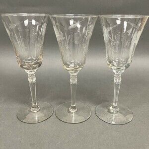 Vintage Wine Glass Glasses Clear Etched Roses Floral 8" Lot of 3‎